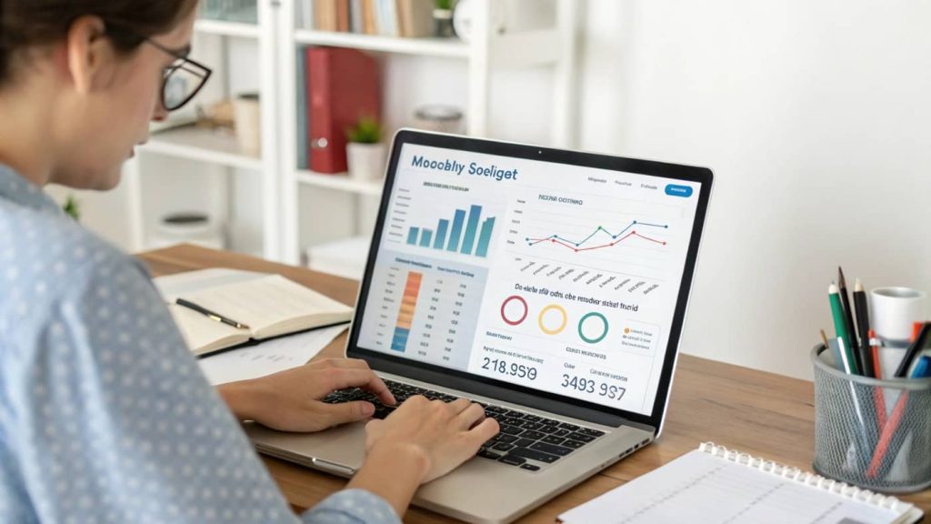 AI-powered budgeting app interface displaying real-time financial data, expense categories, and savings goals on a smartphone screen.