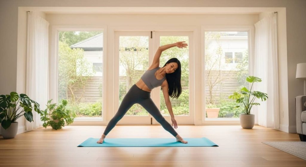 Person stretching and exercising in a sunlit room to energize the morning.