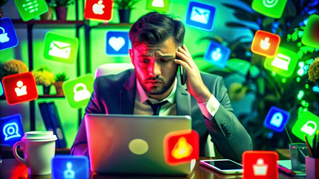 Stressed individual surrounded by too many productivity tools