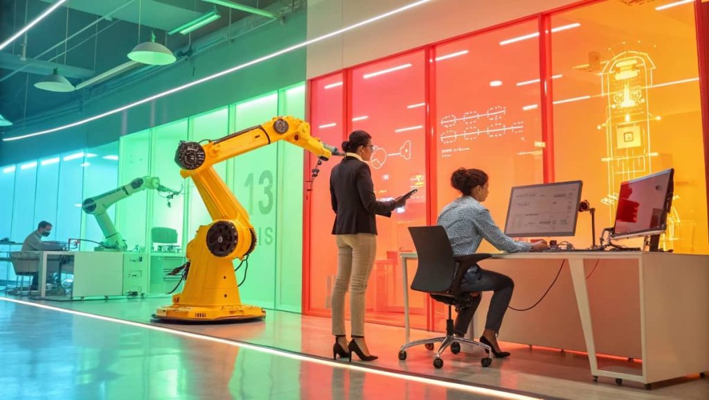 Modern workplace with robotic arms and AI dashboards streamlining tasks