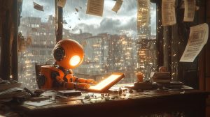Orange robot walking toward sunrise with tablet in hand on a futuristic road, symbolizing clarity, time regained, and content freedom.