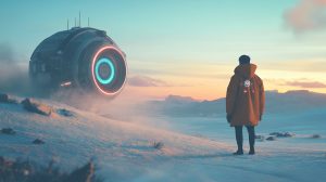 A lone creator walks through a snowy landscape toward a glowing futuristic AI device, symbolizing clarity, focus, and direction.