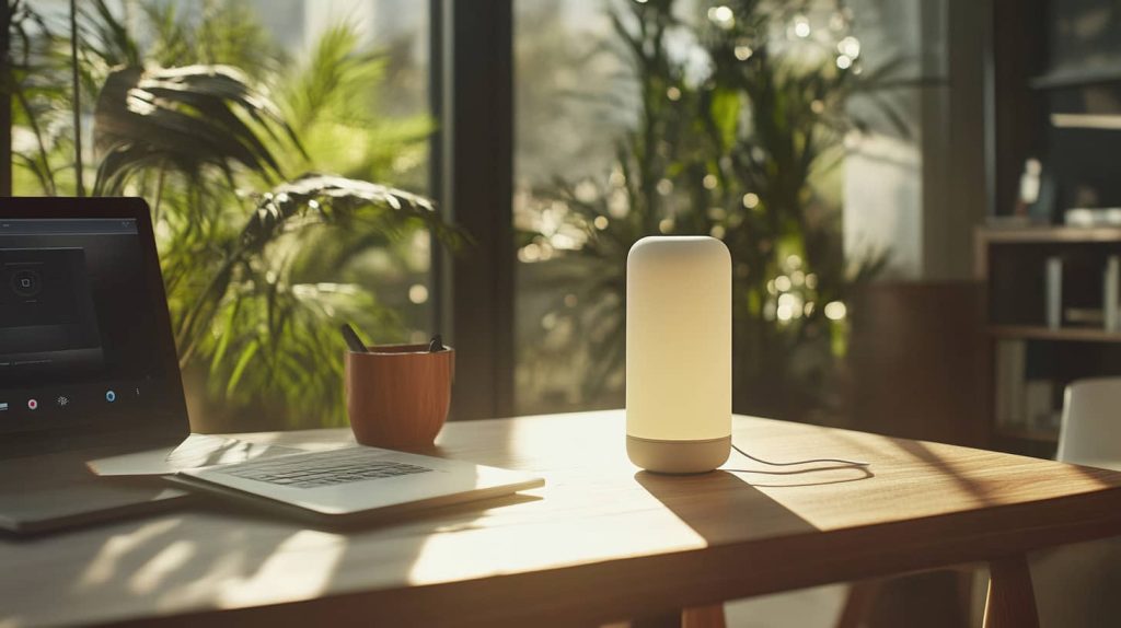 Minimal desk setup with laptop, pen cup, and glowing smart lamp in natural light