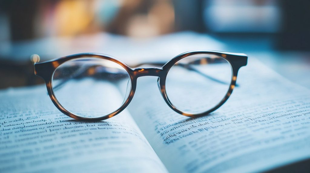 Close-up of reading glasses resting on an open book, symbolizing clarity and focused thinking