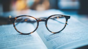 Close-up of reading glasses resting on an open book, symbolizing clarity and focused thinking