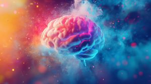Digital brain glowing with neural energy in a vibrant space