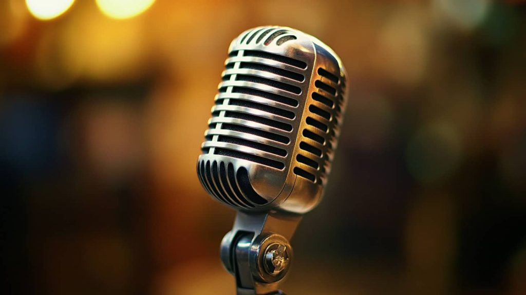 Vintage microphone in focus with blurred background, symbolizing persuasive voice rehearsal
