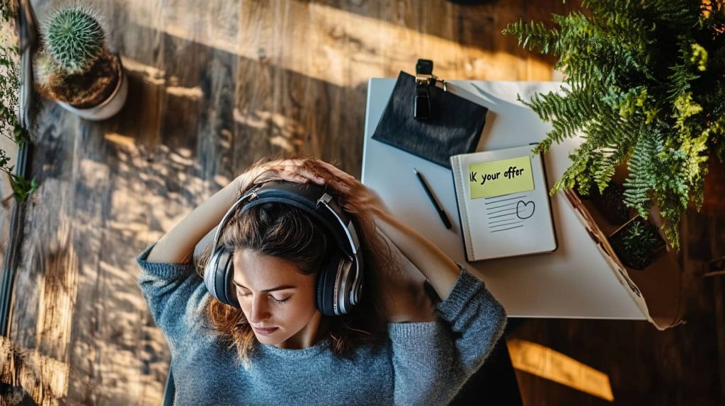 A woman sits in a sunlit workspace, headphones on, eyes closed, grounding herself in a personal ritual. A notepad nearby reads “Know your offer,” and calming greenery surrounds her desk. This image captures the moment before creativity — when clarity, not hustle, becomes the real productivity hack.