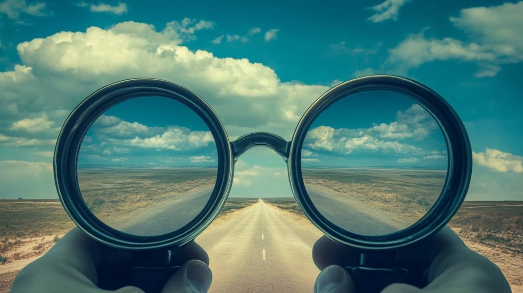 A clear road seen through binocular lenses, symbolizing sharpened digital focus and clarity with AI tools like Raycast