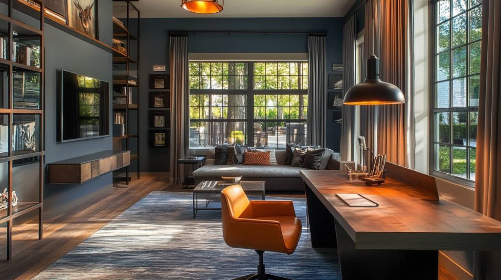 An AI-inspired creative workspace with natural light, wooden furniture, and minimalist design, promoting deep focus and productivity