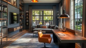 An AI-inspired creative workspace with natural light, wooden furniture, and minimalist design, promoting deep focus and productivity