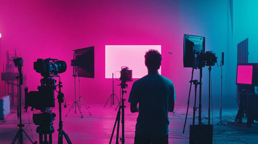 Silhouette of a content creator in a neon-lit studio setup preparing visual content