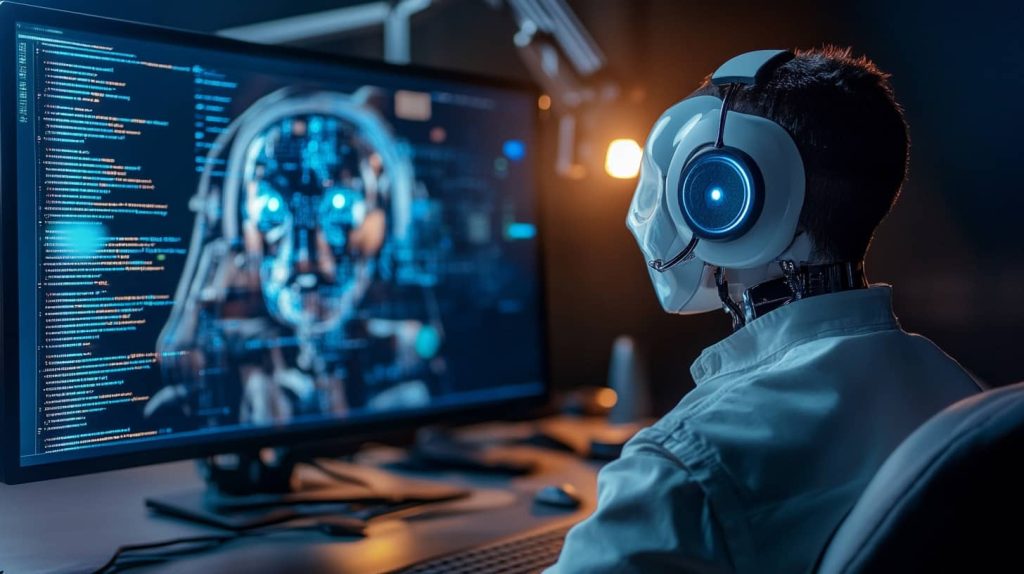 Robot wearing headphones editing content on screen, symbolizing AI-powered speech-to-edit workflow