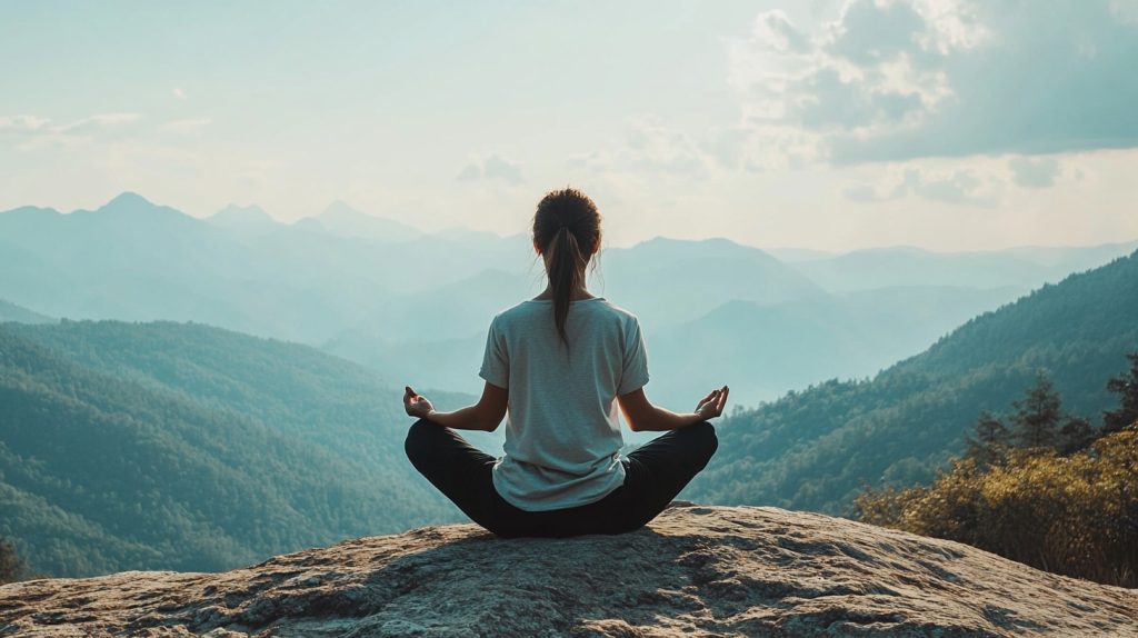 A woman meditating on a mountain at sunrise, representing deep focus and mental clarity in a noisy world