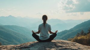 A woman meditating on a mountain at sunrise, representing deep focus and mental clarity in a noisy world