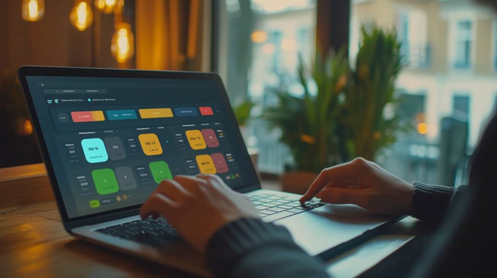 A solo creator reviewing their weekly goals dashboard on a laptop, showing visual progress indicators in green, yellow, and red.