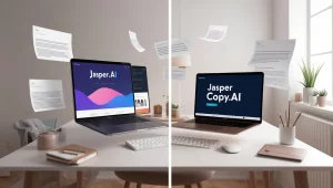 Laptop showing Jasper AI and Copy.ai generating blog posts and emails