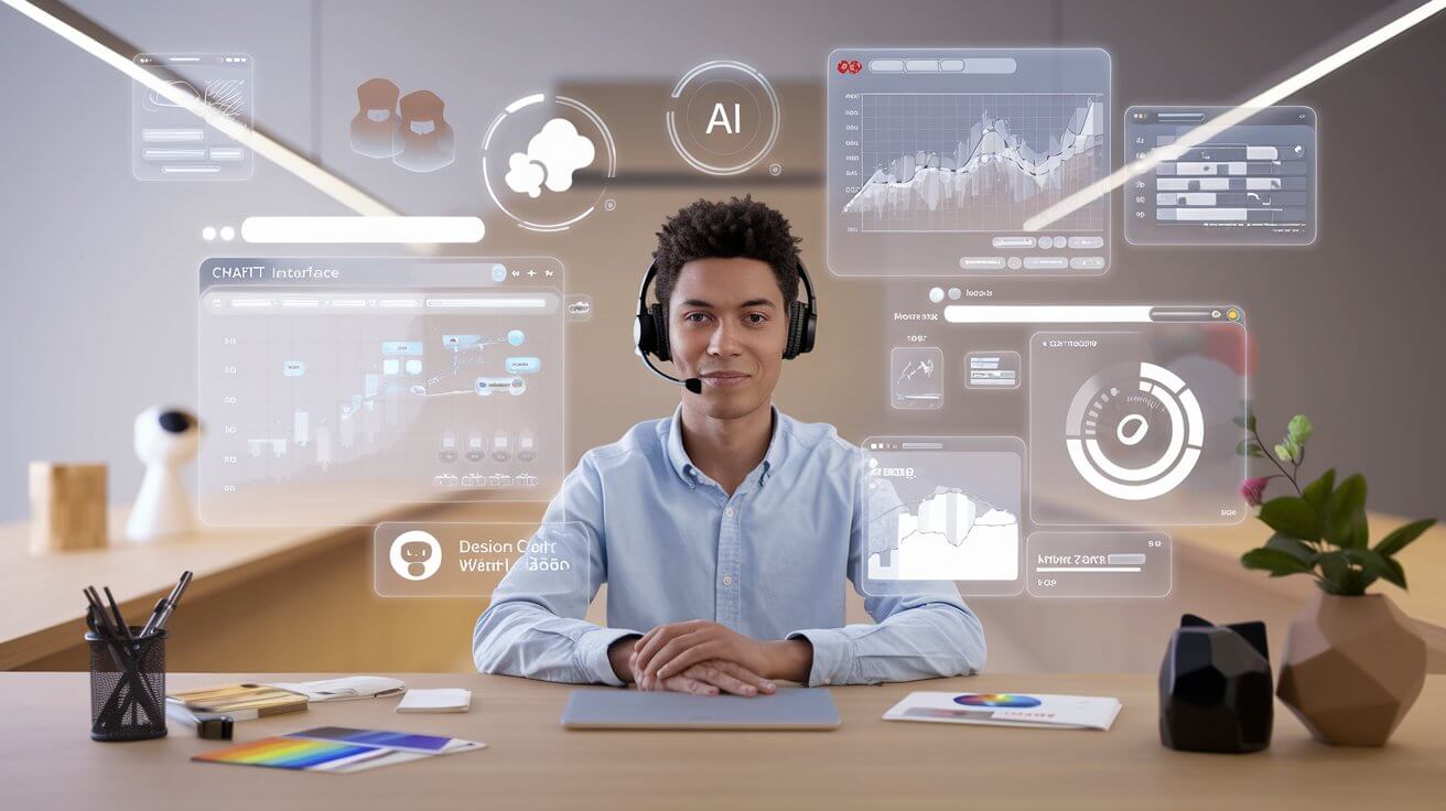 Person using AI tools like ChatGPT and Canva in a modern digital workspace