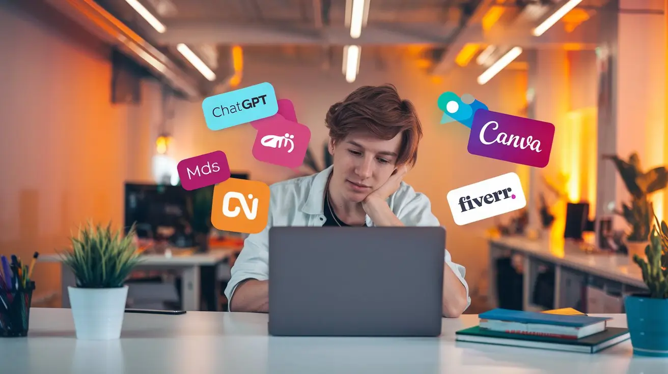 Beginner using AI tools at desk to create online income