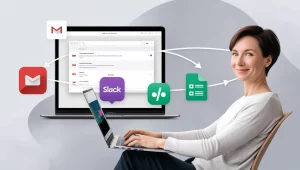 No-code task automation using Zapier with connected app icons.