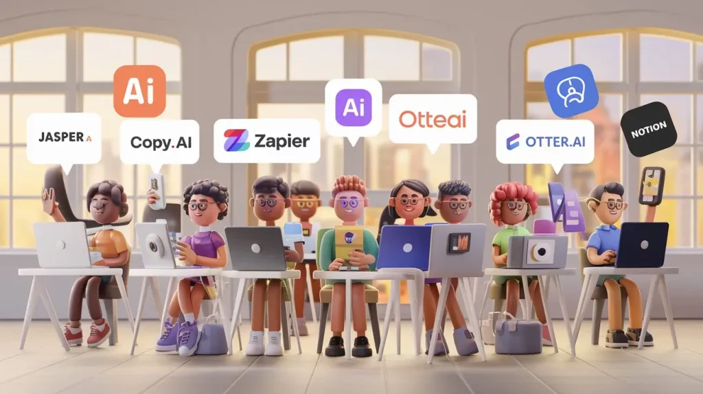 Beginner using AI tools like Jasper and Zapier at a modern desk