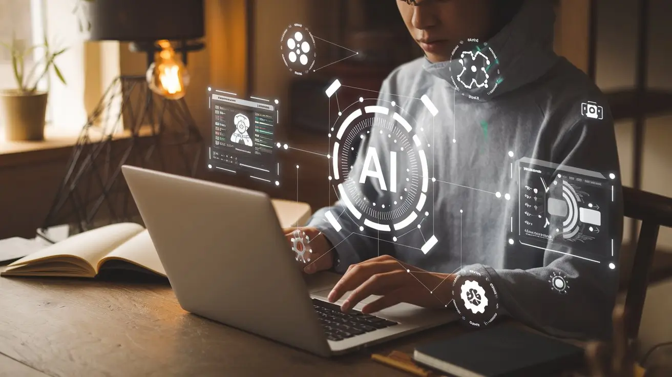 Beginner learning AI on a laptop in a cozy space with digital icons