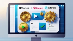 Computer screen showing online AI courses from Coursera, Udemy, and Skillshare