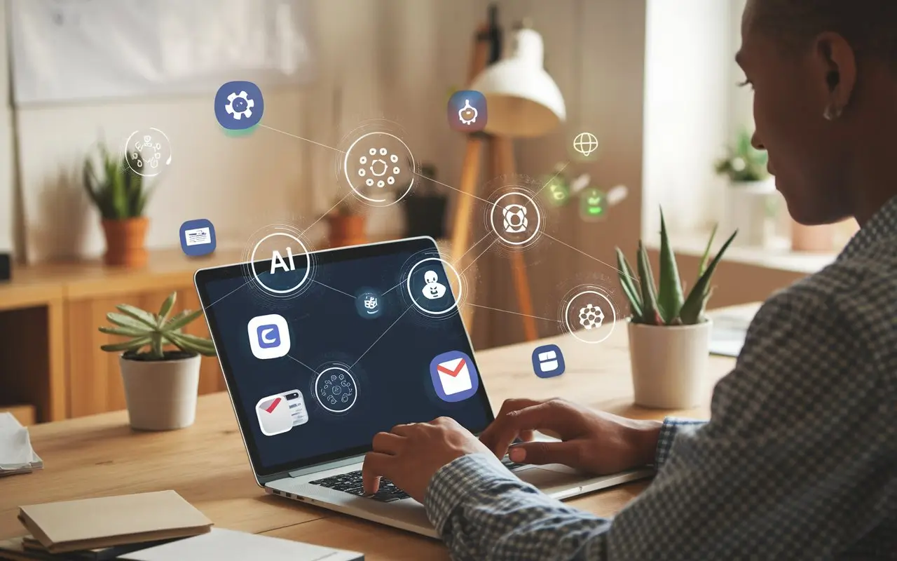 User automating tasks using AI tools on a laptop in a modern workspace.