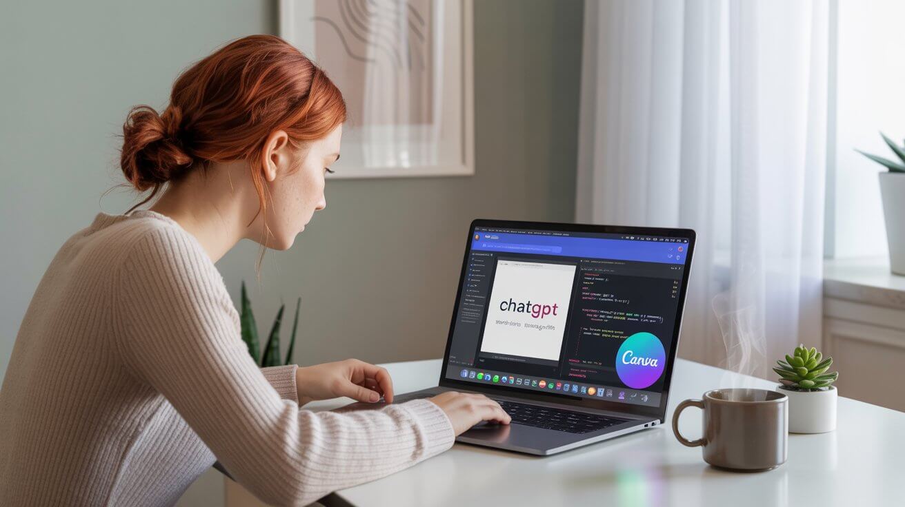 Freelancer using AI tools like ChatGPT and Canva at a cozy desk