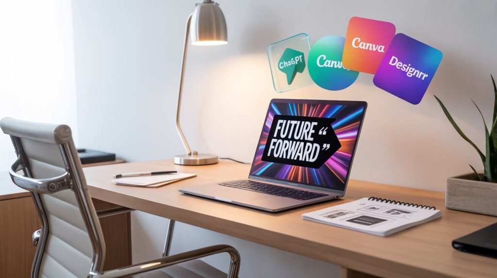 Workspace with laptop and AI tools used to create digital products like eBooks and printables.