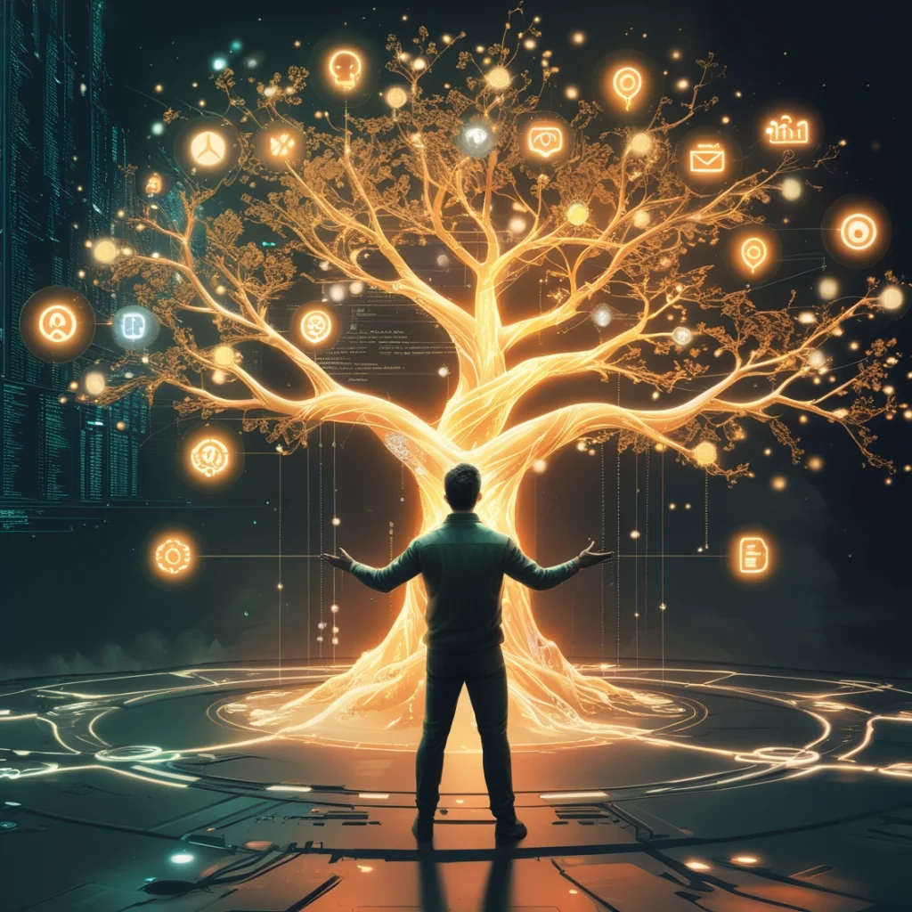 Man interacting with a luminous AI-powered tree symbolizing growth, knowledge sharing, and digital tools