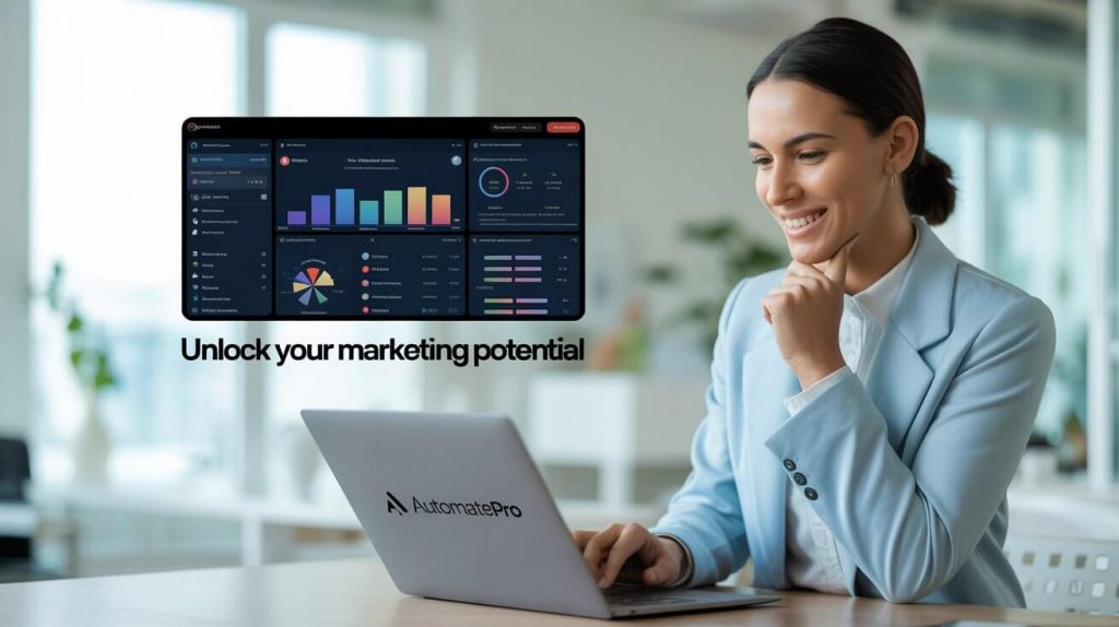 Marketer using AI marketing automation tool on laptop with digital dashboards.