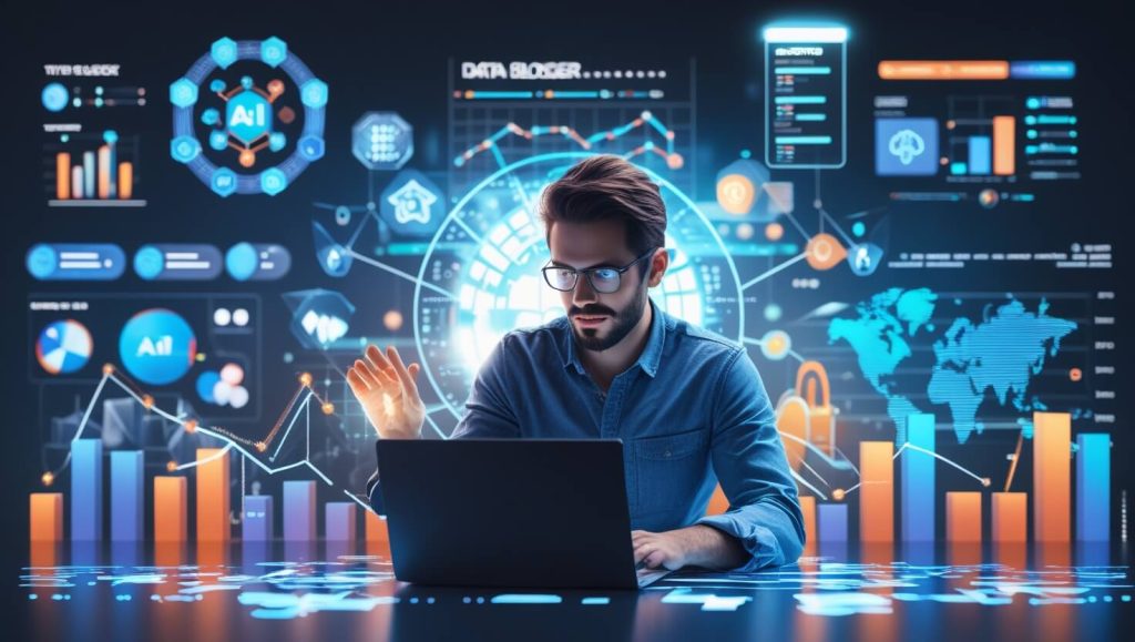 Blogger using AI tools and SEO analytics on a laptop in a futuristic workspace