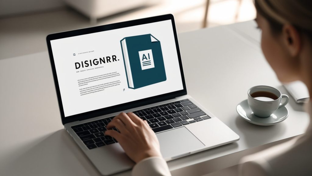 Laptop displaying an AI-generated eBook design in a minimalist workspace