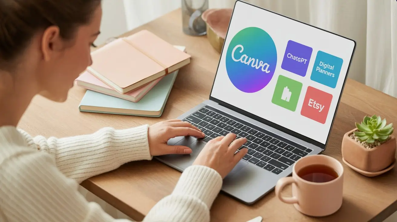 Person creating digital products with AI tools like Canva and ChatGPT