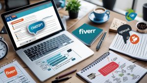 Laptop displaying ChatGPT used for freelance writing gigs, with Fiverr and Upwork nearby