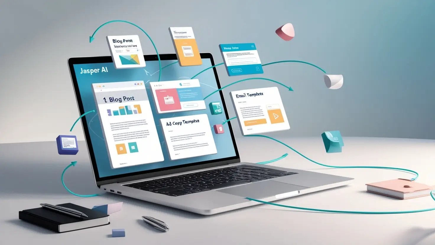 Workspace with Jasper AI dashboard on laptop
