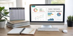 Affiliate blogger smiling at laptop after publishing optimized content with SEMrush