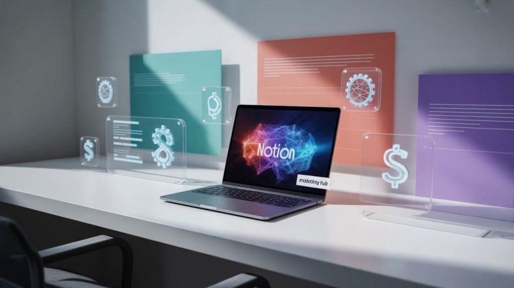 Notion dashboard on a laptop with AI icons and income symbols