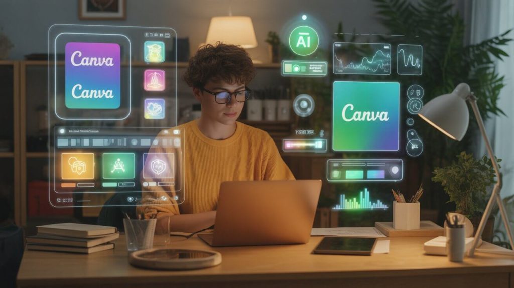 Freelancer designing with AI tools and Canva Pro at home