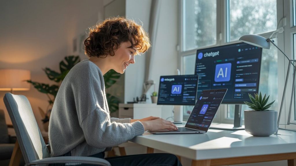 Young freelancer using AI tools like ChatGPT to write content at home
