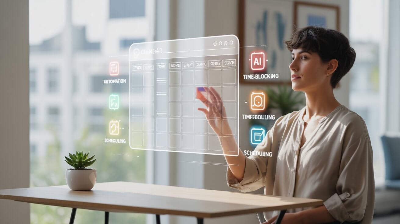 Digital calendar with AI-powered scheduling features on a modern desk