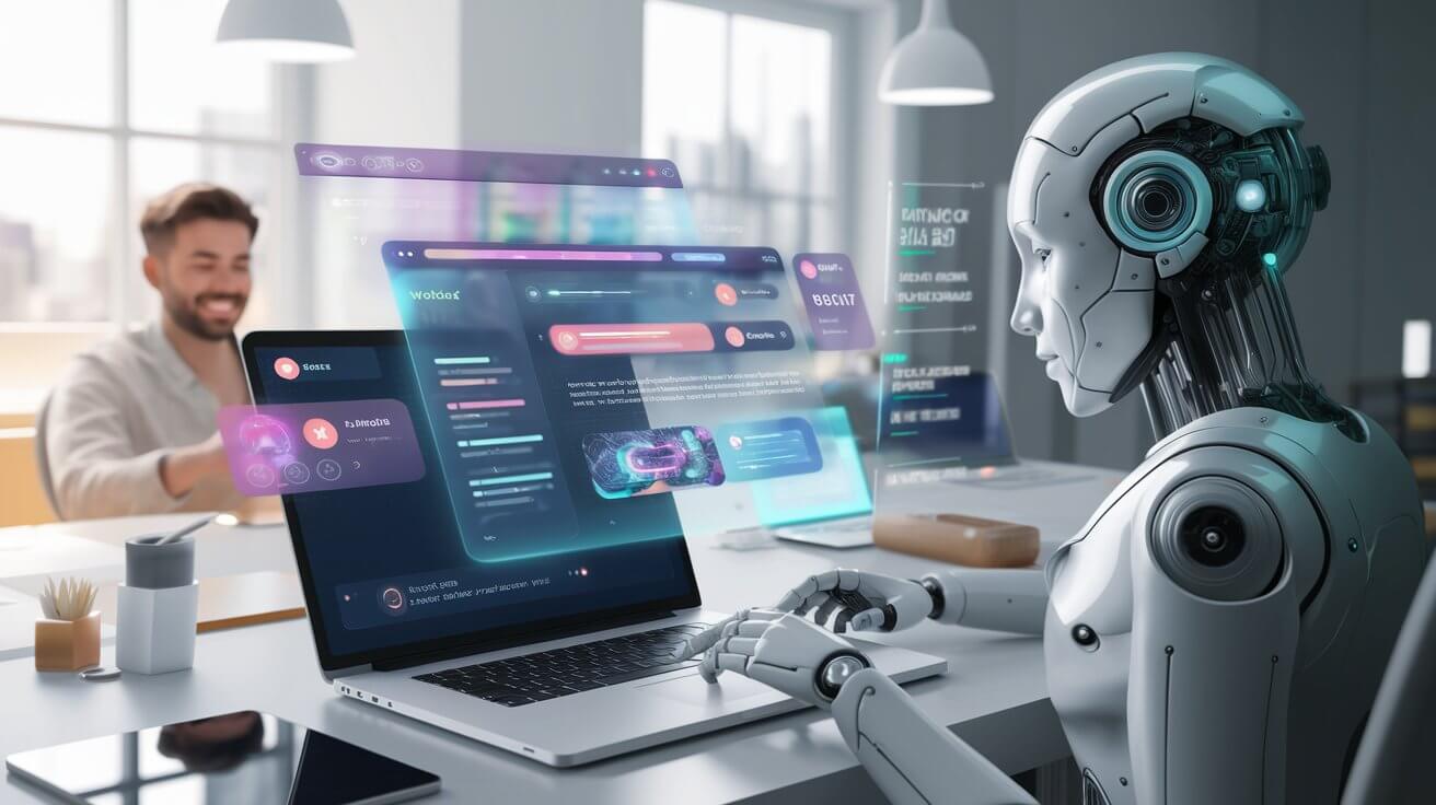 AI writing assistant generating social media and marketing content on a laptop
