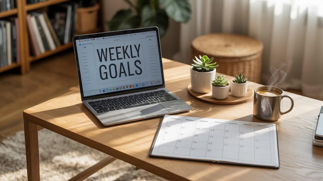 Desk with digital planner and weekly calendar, bathed in morning light