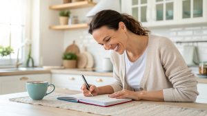 Woman smiling while using a productivity planner at home