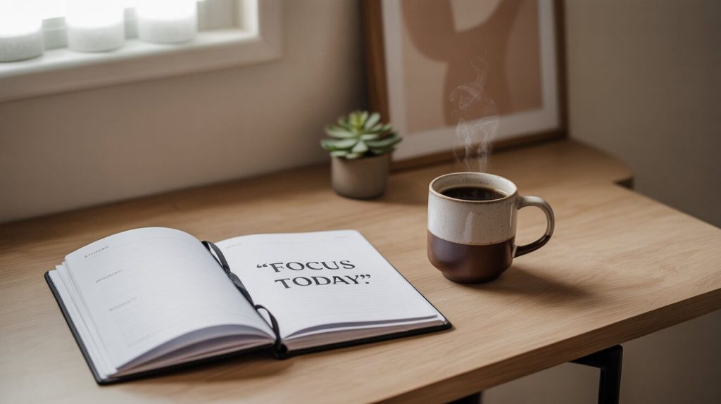 Minimalist desk with a coffee cup and open productivity planner