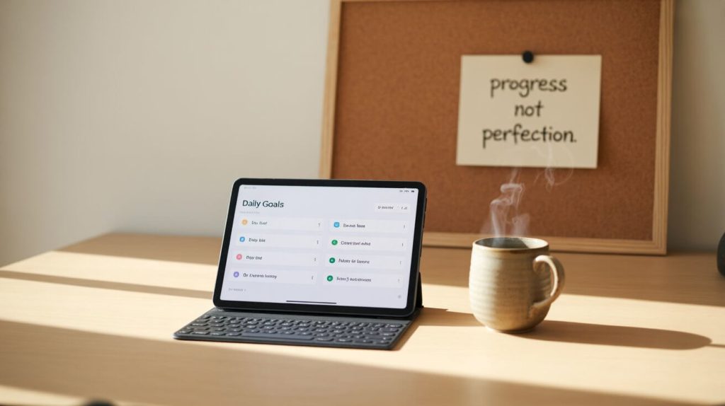Morning productivity setup with habit tracker and coffee
