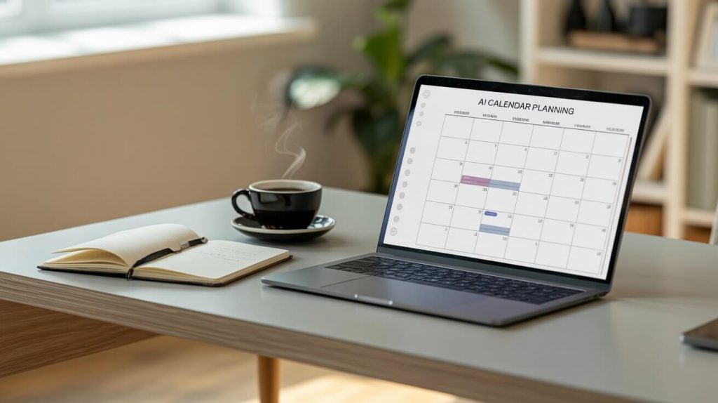 Modern workspace with digital calendar and coffee, evoking focus and calm planning.