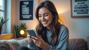 Happy woman using a habit tracker app in a cozy room