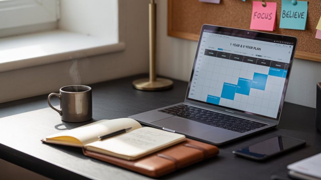 Minimalist desk with laptop open to Notion monthly goal planner and coffee mug beside it